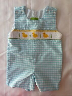 Classic Whimsy Duck Gingham Smocked JonJon Romper 6m